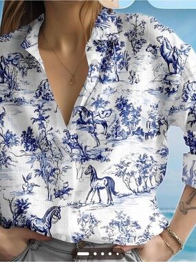 Joie White and Blue Horse Toile Button-Up Top